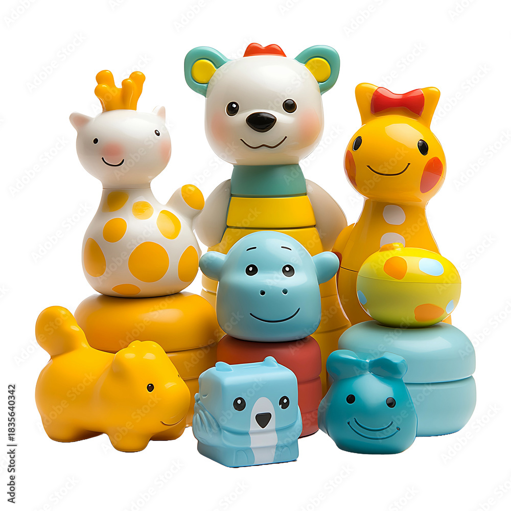 Naklejka premium Colorful Baby Animal Toys Arranged in a Cheerful Display Isolated on a Transparent Background