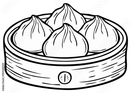 Black and white illustration of four traditional steamed Asian dumplings in a bamboo basket steamer