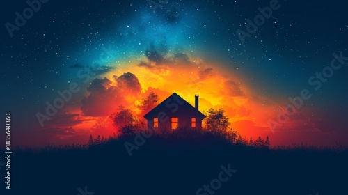 Silhouette of a solitary house on a hill against a starry galaxy sky and fiery sunset. Magical fantasy landscape illustration with glowing windows