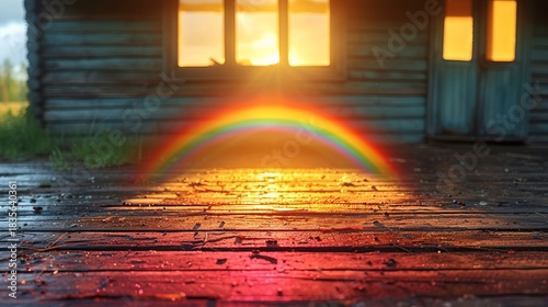 Rainbow on wet wooden porch of rustic cabin at sunset. Glowing window and rain reflection on deck