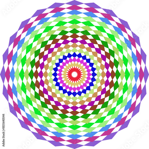 Abstract Circular Pattern of Rhombus Shapes with Vibrant Colors Creates an Eye Catching Geometric Design and Kaleidoscope Effect