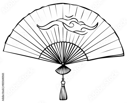Traditional Asian folding fan with cloud motif and tassel black and white line art illustration