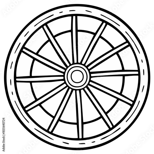 Rustic Wooden Wagon Wheel Outline Drawing Black and White Isolated Line Art