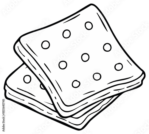 Hand drawn doodle of two stacked square saltine crackers black and white line art
