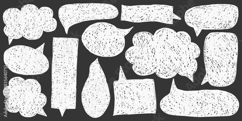 Text box chalkboard message frame collection with soft crayon strokes, quirky speech bubbles, geometric shapes, grainy outlines and hand drawn finish.