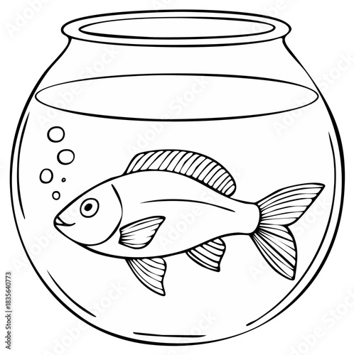 Black and white outline drawing of a goldfish in a fishbowl for a coloring book page