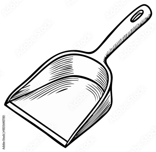 Hand drawn illustration of a dustpan with a handle and a hole for hanging