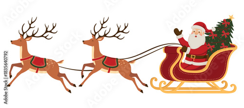 Santa Claus riding a sleigh with Christmas tree pulled by reindeer. Flat vector illustration isolated on a white background.