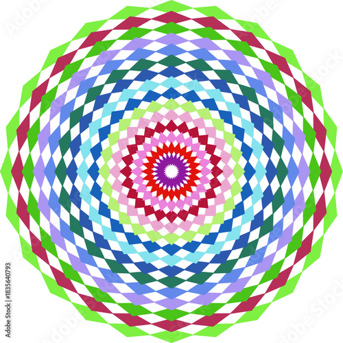 Intricate Geometric Mandala Pattern with Vibrant Colors and Radial Symmetry for Creative Backgrounds and Designs