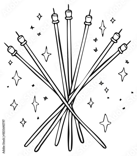 Knitting Needles and Stars Line Art Design Knitting Craft Needlework Black and White Home Hobbies Creative Handwork