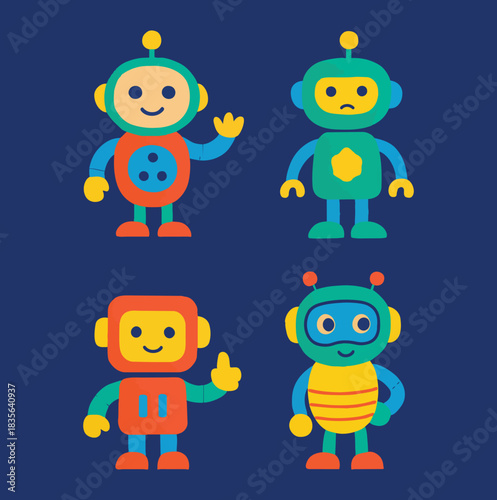 Four Colorful Cartoon Robots on Dark Blue Background