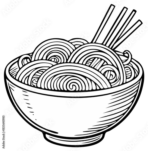 Hand drawn bowl of noodles with chopsticks, Asian food illustration in black and white