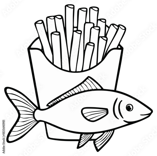 Simple Line Drawing of Fish and French Fries Combination