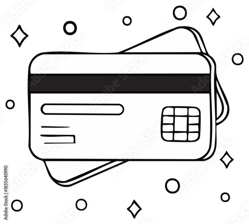 Clean line art illustration of a credit card with a chip and magnetic stripe surrounded by abstract shapes