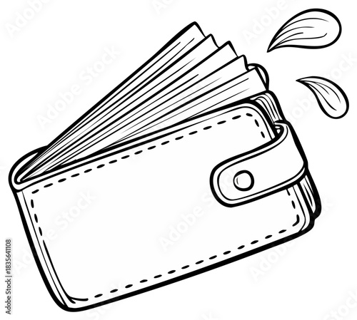 A hand drawn black and white cartoon wallet sweating representing financial stress and debt