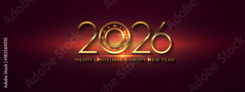 Happy New Year 2026 And Merry Christmas Gold Luxury Word Typography Banner Background.