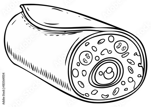Drawing of a Burrito with Beans and Meat Filling Ready to Be Eaten
