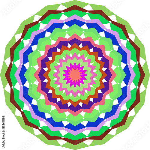 Vibrant Geometric Mandala Design with Intricate Layers and Bold Color Palette Ideal for Creative Projects