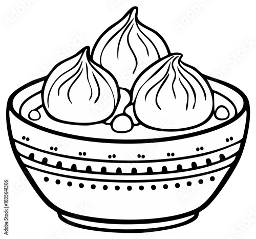 Illustrated bowl of dumplings with intricate design, ready to eat