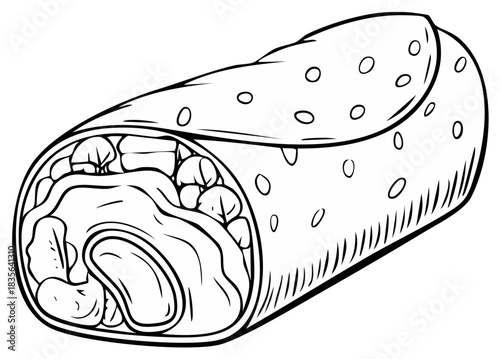 Black and white burrito illustration with fillings, food concept