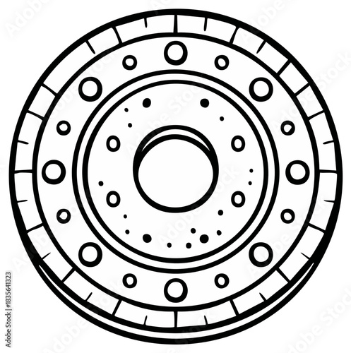 Circular decorative ornament design with geometric patterns, dots, lines, and circles in line art style, black and white illustration