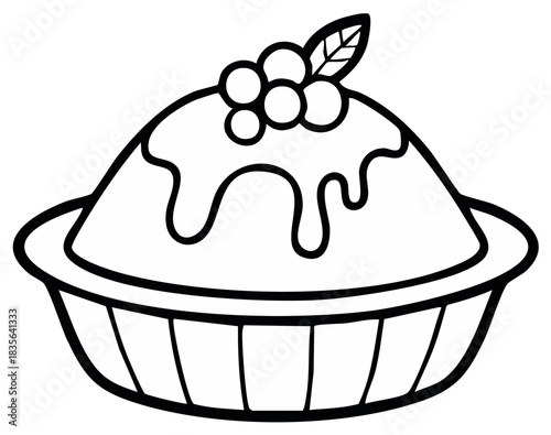Dessert pie with frosting, berries, and leaf outlined vector illustration for coloring or design