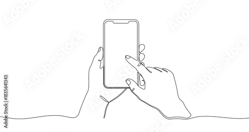 Drawing of hands holding a smartphone with a touchscreen, in one line art style. Illustration with editable stroke. Vector illustration.