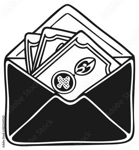 Open Envelope Filled With Paper Money Cash and Financial Symbols