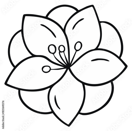 Simple black outline drawing of a blooming flower with petals and detailed central stamens