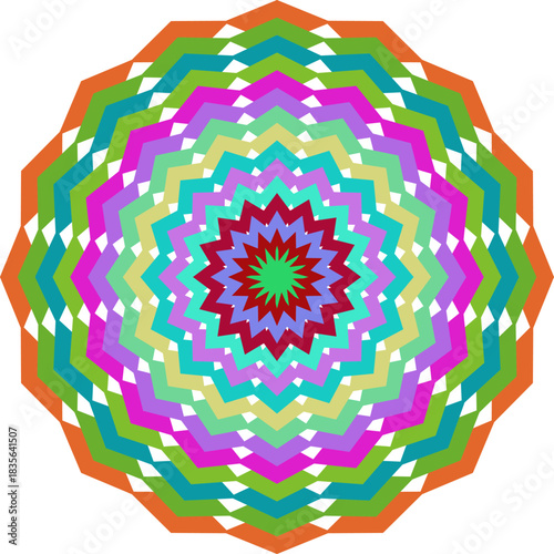 Colorful Geometric Mandala Design with Vibrant Layers and Angular Patterns a Striking Visual Element