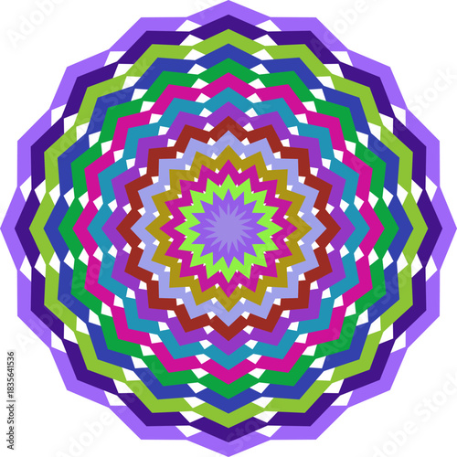 Colorful geometric mandala design with vibrant layers and intricate zigzag pattern for artistic backgrounds and creative projects