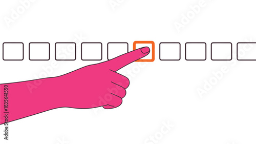 A pink hand pointing to a single highlighted orange box in a row of white boxes