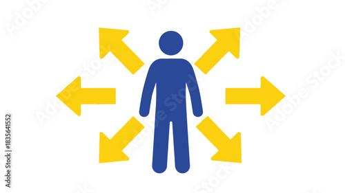 A simple illustration depicts a blue figure surrounded by yellow arrows pointing outwards