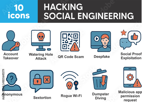 Hacking social engineering icons | social engineering attack icon set | cyber hacking social engineering icons | phishing social engineering security icons | Hacking icons