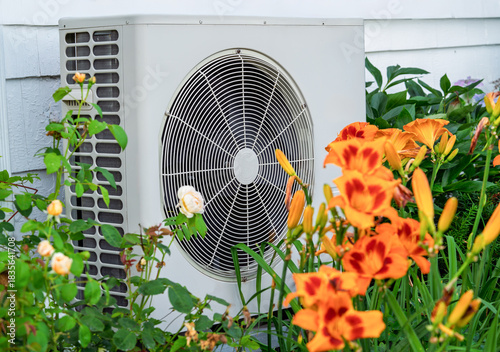 Heat pump on the side of a home sitting amongst the flowers.