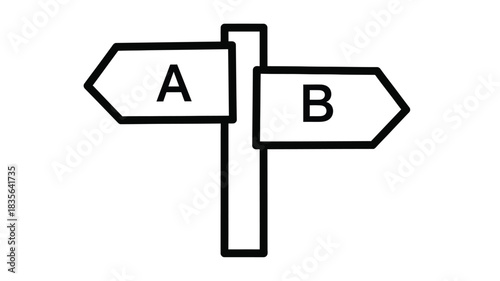Simple illustration of a black and white signpost with two directional arrows labeled a and b