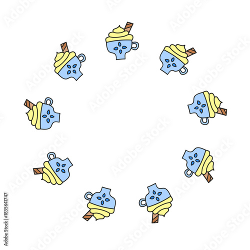 Set of round wreaths with doodle hot winter drinks, cinnamon sticks, whipped cream isolated on white background.