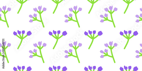 Delicate seamless pattern with petite meadow flowers in soft lavender colors on white background. Scandinavian floral summer background.