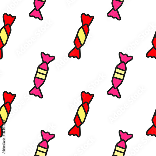 Cute seamless pattern with doodle candies in wrappers on white background.