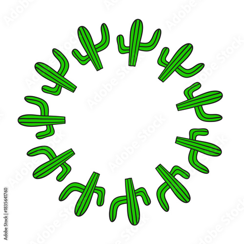 Cute round frame with doodle cactuses isolated on white background.