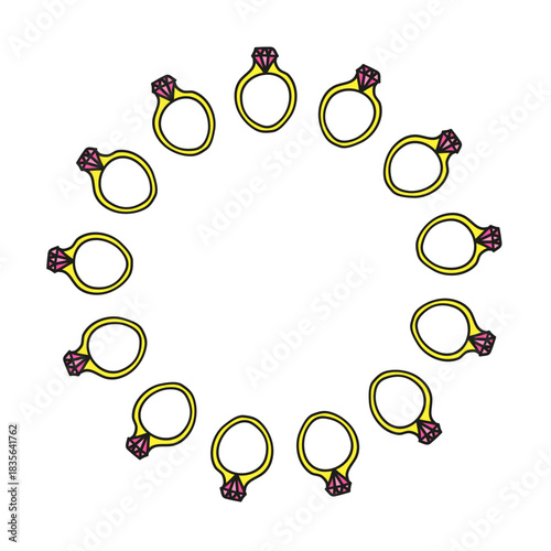 Cute round frame with doodle diamond rings isolated on white background.