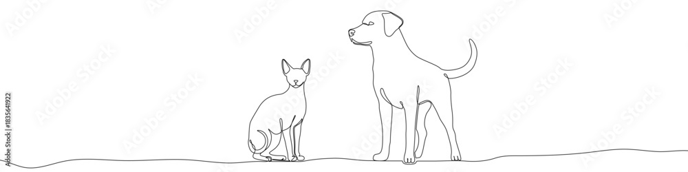 Obraz premium Continuous one line drawing of a standing dog and a sitting cat together. Drawing of domestic pets with editable black stroke on white background. Vector illustration.
