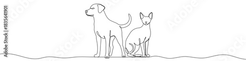 Continuous one line drawing of a standing dog and a sitting cat together. Drawing of domestic pets with editable black stroke on white background. Vector illustration.