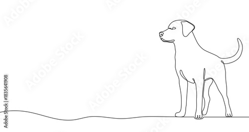 Continuous one line drawing of a dog standing in profile. Drawing of a domestic animal with editable black stroke on white background. Vector illustration.