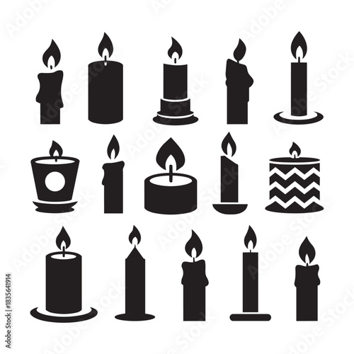 Collection of fifteen black silhouette candle icons Keywords: candles, silhouettes, flames