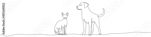 Continuous one line drawing of a standing dog and a sitting cat together. Drawing of domestic pets with editable black stroke on white background. Vector illustration.