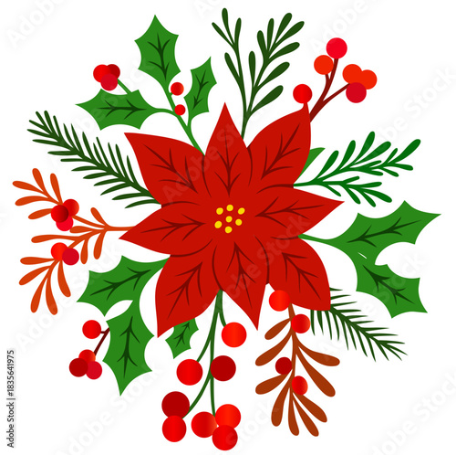 Christmas Poinsettia Bouquet – Holiday Flower with Holly, Pine and Red Berries, Winter Greenery