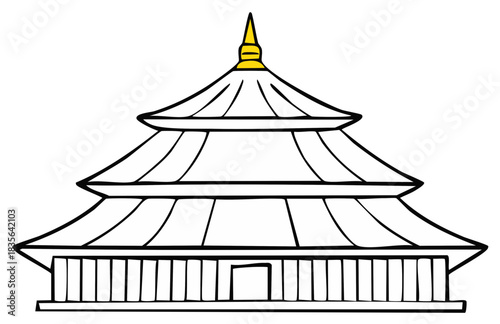 Hand drawn Asian pagoda temple with a golden spire illustration
