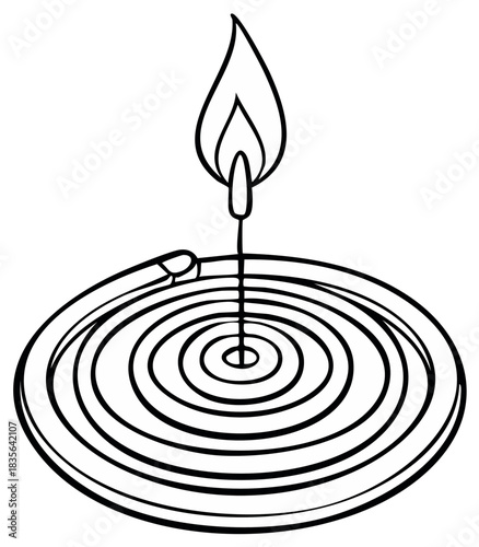 Burning Mosquito Coil Illustration with Flame and Smoke in Simple Line Art Drawing