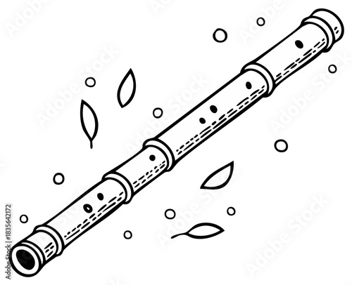 Hand Drawn Bamboo Flute with Floating Leaves Coloring Page Vector Art